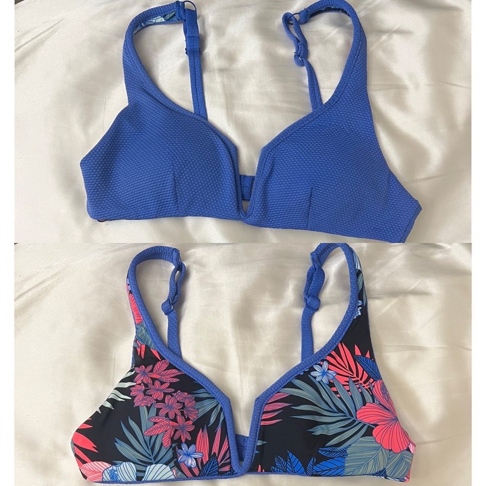 2-in-1 Reversible Royal Blue Pink Floral Tropical Bikini Top Swimwear Swimsuit